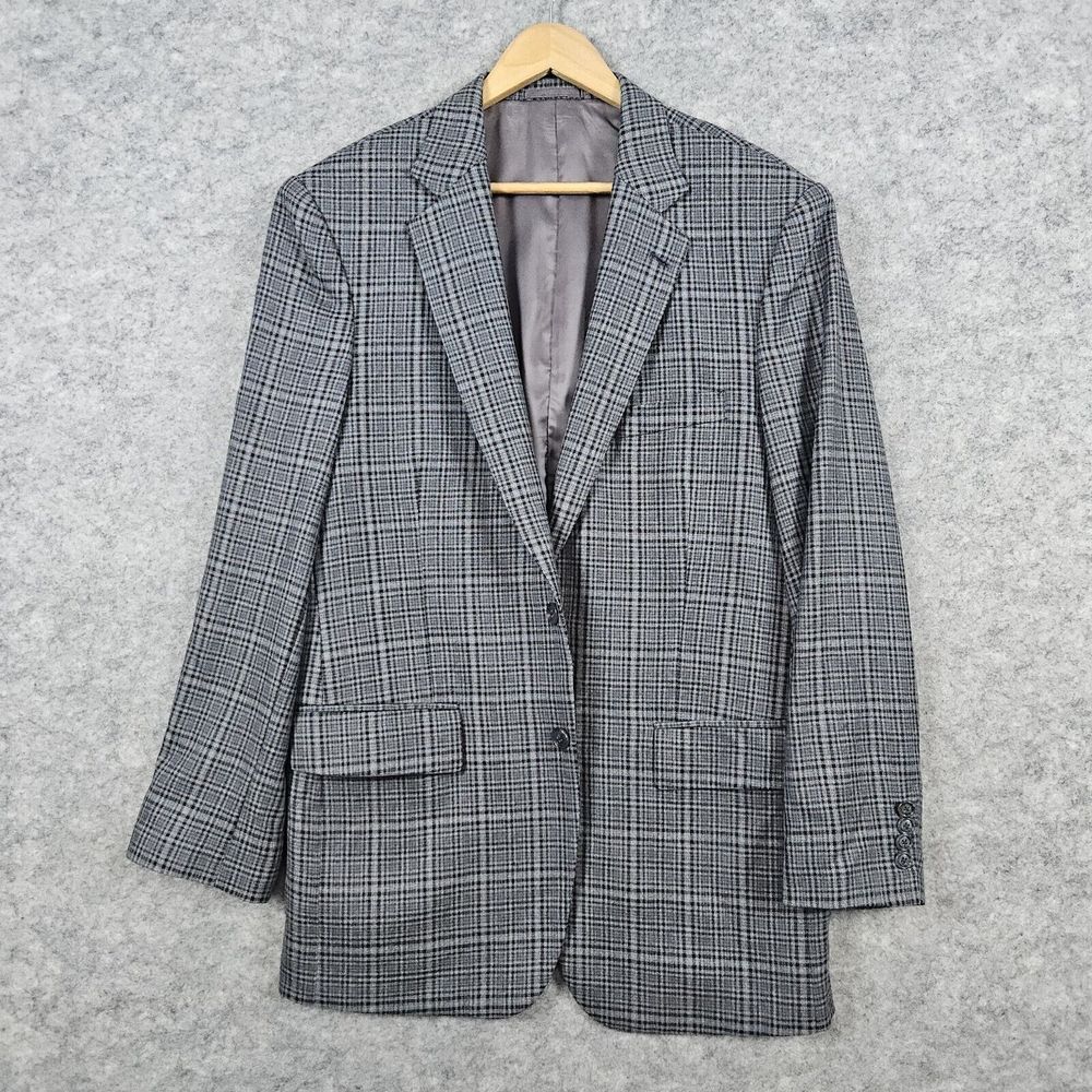 Carven Custom Tailors Men's Blazer Size‎ 42L Gray Plaid Windowpane Hand Tailored